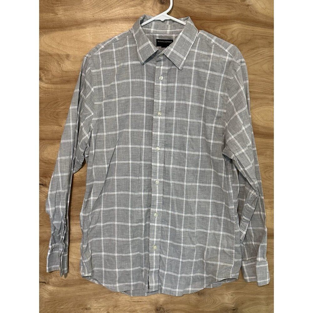Banana Republic Men's L Slim Fit 16- 16 1/2 Long Sleeve Plaid Button Up Shirt